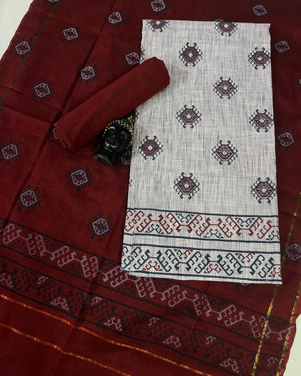 Pure Cotton Print Dress Material in Half White Colour | Ethnic Wear Fabric
