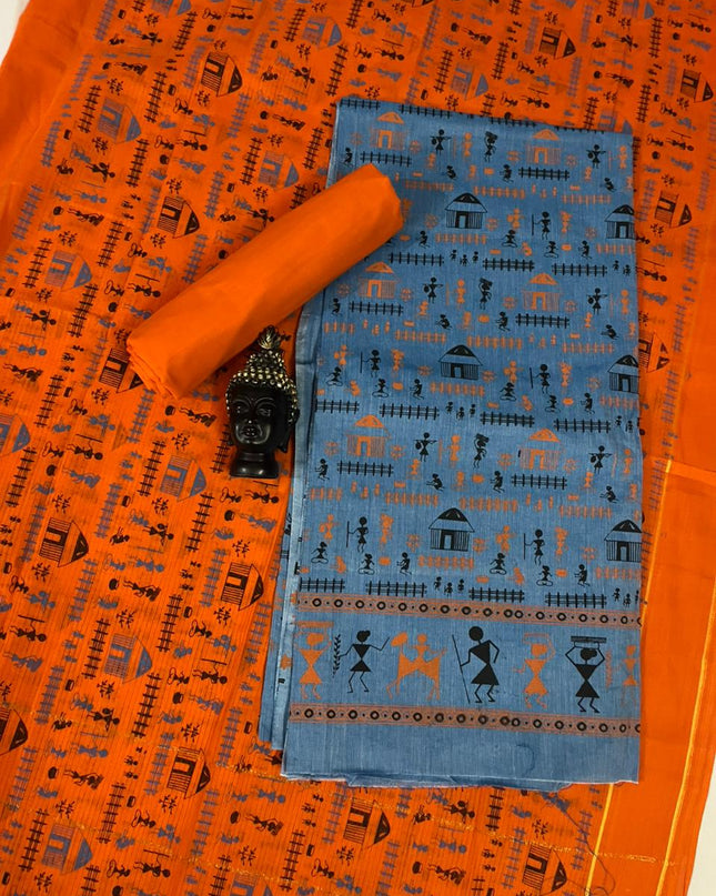 Pure Cotton Village Print Dress Material in Drak Cyan Blue Colour | Ethnic Wear Fabric