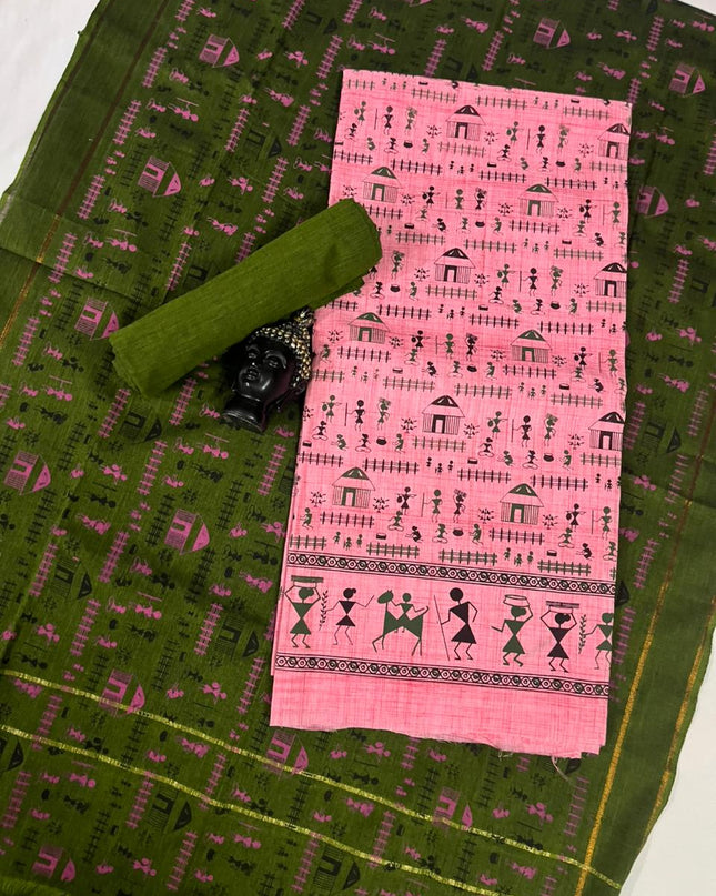 Pure Cotton Village Print Dress Material in Pink Colour | Ethnic Wear Fabric