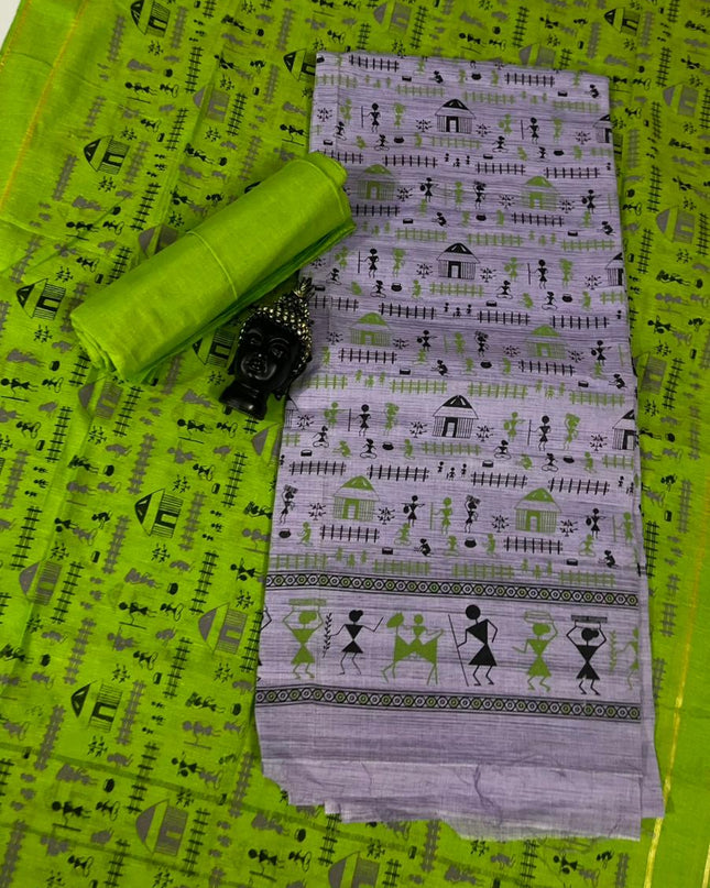 Pure Cotton Village Print Dress Material in Gray Colour | Ethnic Wear Fabric