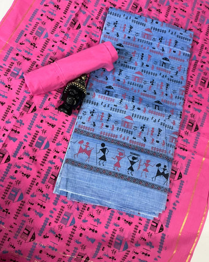 Pure Cotton Village Print Dress Material in Sky Blue Colour | Ethnic Wear Fabric