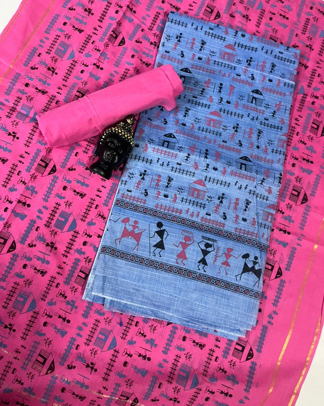 Pure Cotton Village Print Dress Material in Sky Blue Colour | Ethnic Wear Fabric
