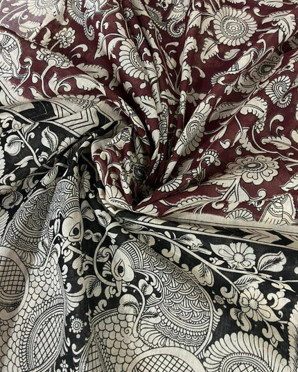 Orange Kalamkari Cotton 3 Piece Suit Material Set | Unstitched Top Bottom Dupatta