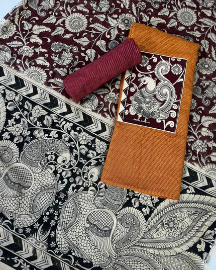 Orange Kalamkari Cotton 3 Piece Suit Material Set | Unstitched Top Bottom Dupatta