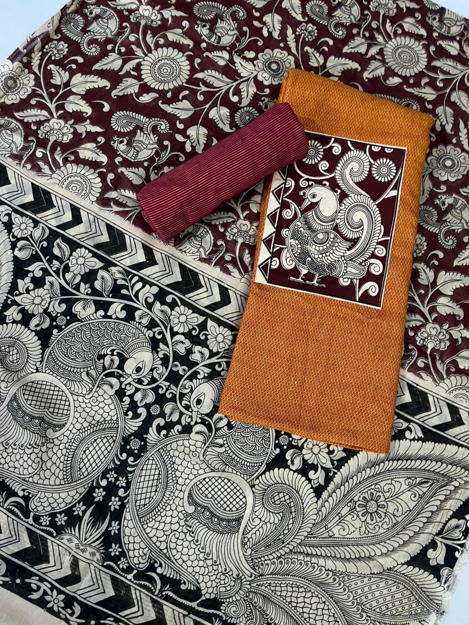 Orange Kalamkari Cotton 3 Piece Suit Material Set | Unstitched Top Bottom Dupatta