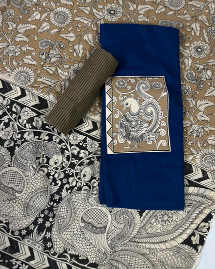Blue Kalamkari Cotton 3 Piece Suit Material Set | Unstitched Top Bottom Dupatta