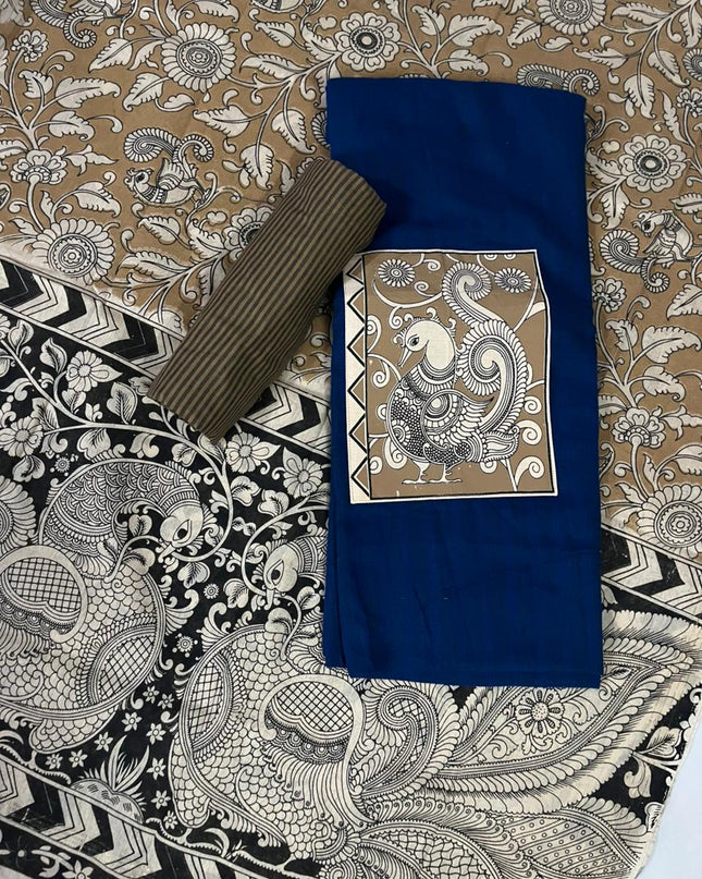 Blue Kalamkari Cotton 3 Piece Suit Material Set | Unstitched Top Bottom Dupatta