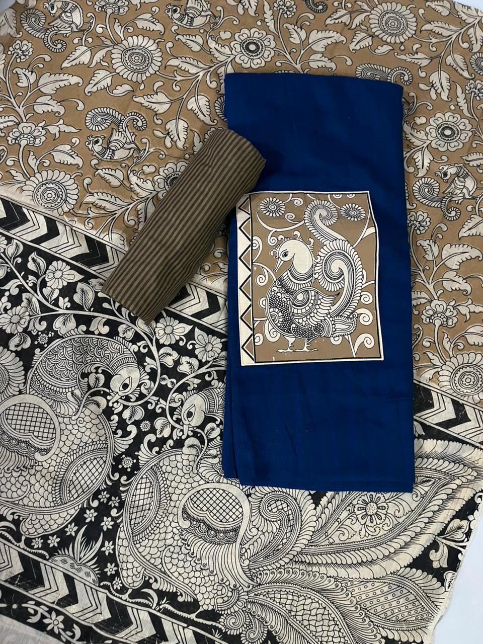 Blue Kalamkari Cotton 3 Piece Suit Material Set | Unstitched Top Bottom Dupatta