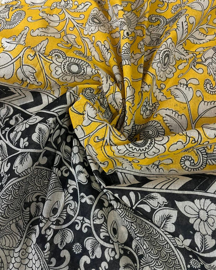 Dark Green Kalamkari Cotton 3 Piece Suit Material Set | Unstitched Top Bottom Dupatta