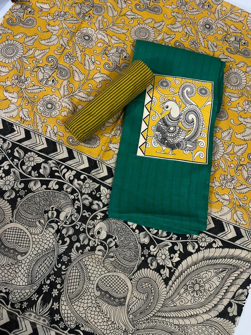 Dark Green Kalamkari Cotton 3 Piece Suit Material Set