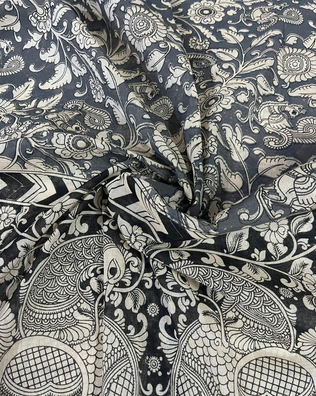 Red Kalamkari Cotton 3 Piece Suit Material Set | Unstitched Top Bottom Dupatta