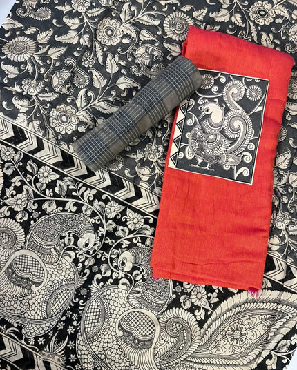 Red Kalamkari Cotton 3 Piece Suit Material Set | Unstitched Top Bottom Dupatta