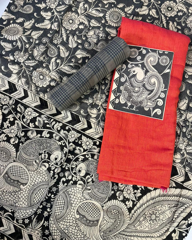 Red Kalamkari Cotton 3 Piece Suit Material Set | Unstitched Top Bottom Dupatta