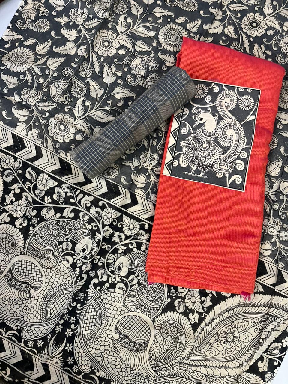 Red Kalamkari Cotton 3 Piece Suit Material Set | Unstitched Top Bottom Dupatta