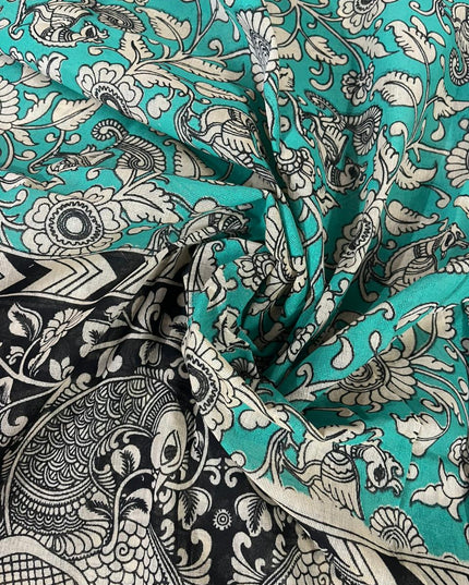 Light Green Kalamkari Cotton 3 Piece Suit Material Set | Unstitched Top Bottom Dupatta