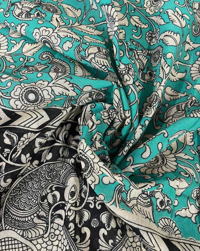 Light Green Kalamkari Cotton 3 Piece Suit Material Set | Unstitched Top Bottom Dupatta