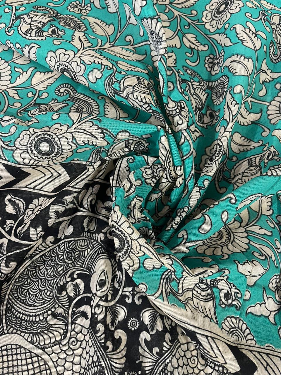 Light Green Kalamkari Cotton 3 Piece Suit Material Set | Unstitched Top Bottom Dupatta