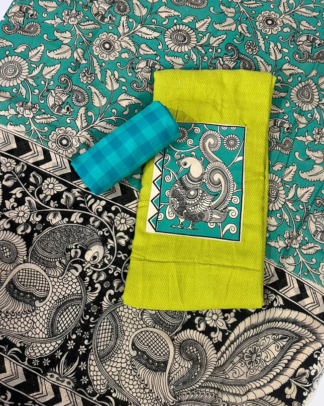 Light Green Kalamkari Cotton 3 Piece Suit Material Set | Unstitched Top Bottom Dupatta