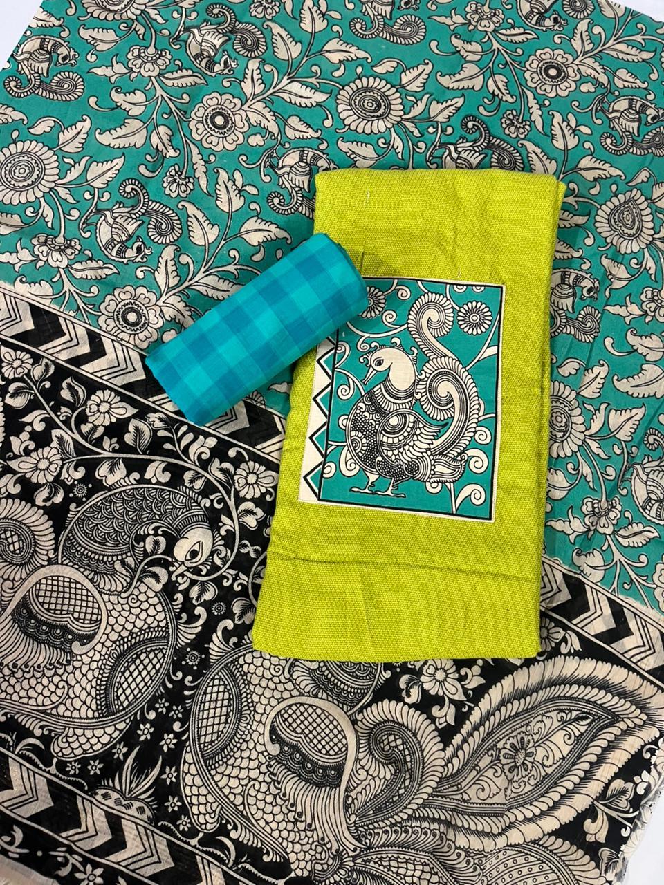 Light Green Kalamkari Cotton 3 Piece Suit Material Set | Unstitched Top Bottom Dupatta