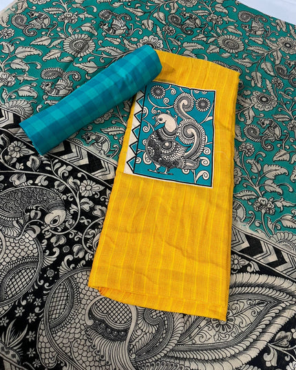 Yellow Kalamkari Cotton 3 Piece Suit Material Set | Unstitched Top Bottom Dupatta