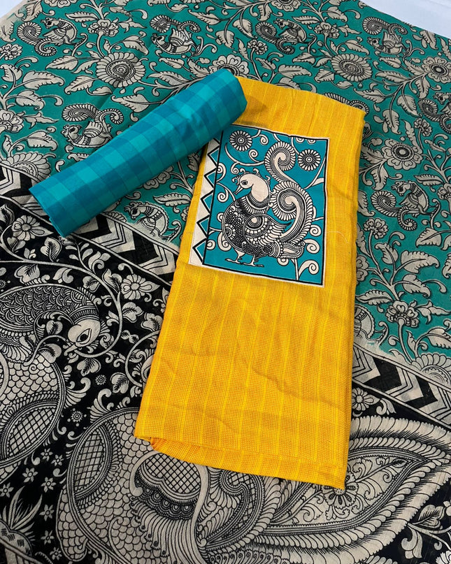 Yellow Kalamkari Cotton 3 Piece Suit Material Set | Unstitched Top Bottom Dupatta