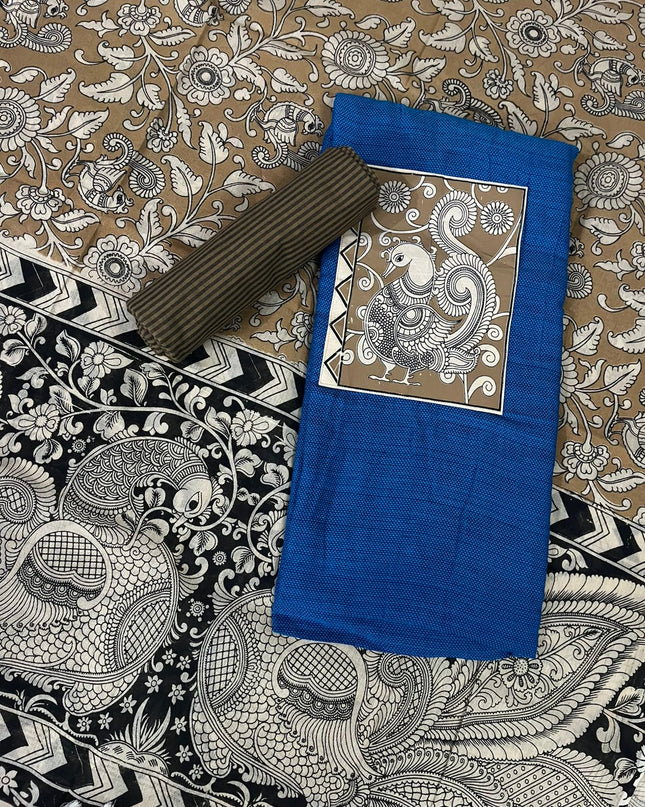 Blue Kalamkari Cotton 3 Piece Suit Material Set | Unstitched Top Bottom Dupatta