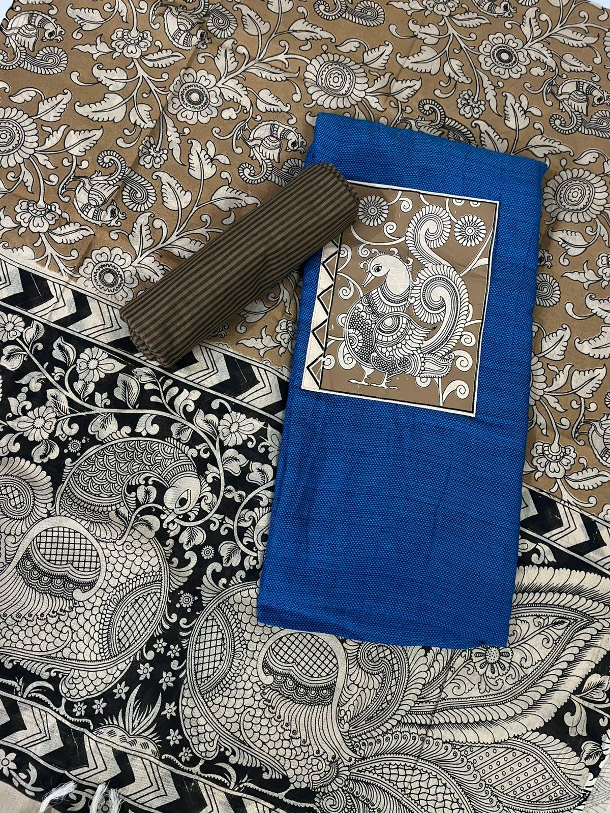 Blue Kalamkari Cotton 3 Piece Suit Material Set | Unstitched Top Bottom Dupatta