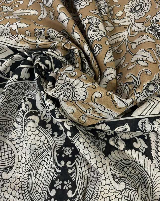 Blue Kalamkari Cotton 3 Piece Suit Material Set | Unstitched Top Bottom Dupatta