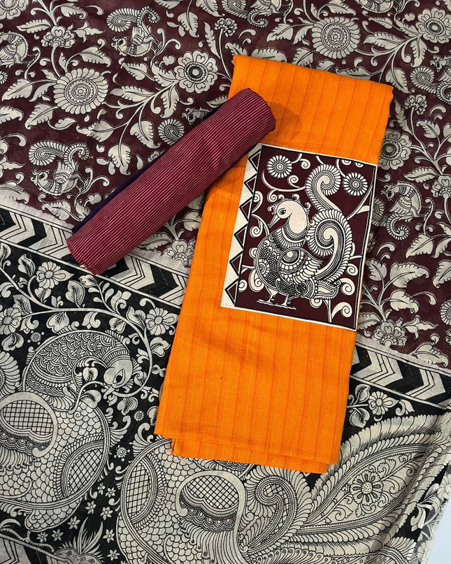 Orange Kalamkari Cotton 3 Piece Suit Material Set | Unstitched Top Bottom Dupatta