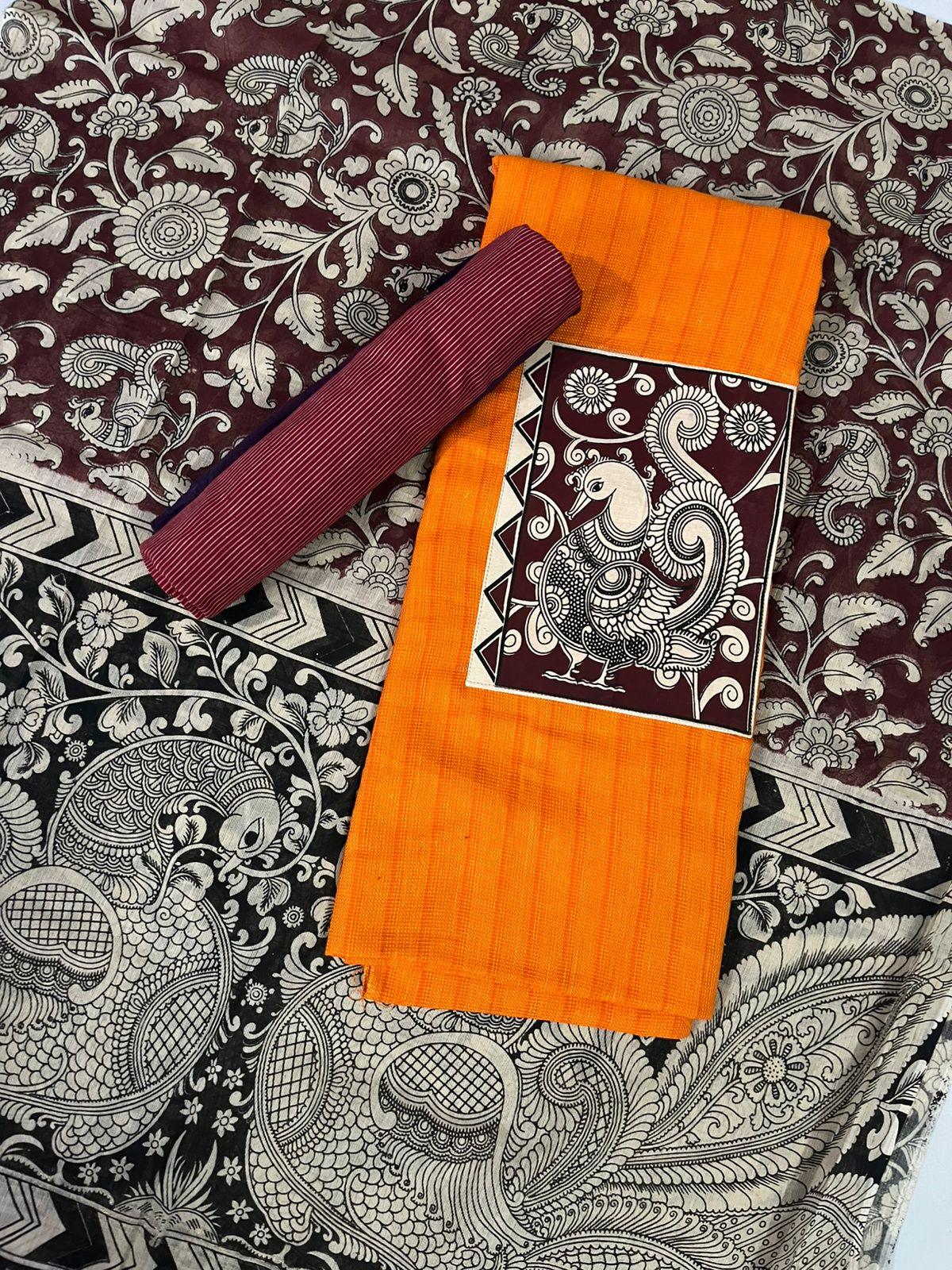 Orange Kalamkari Cotton 3 Piece Suit Material Set | Unstitched Top Bottom Dupatta