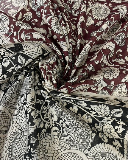 Orange Kalamkari Cotton 3 Piece Suit Material Set | Unstitched Top Bottom Dupatta