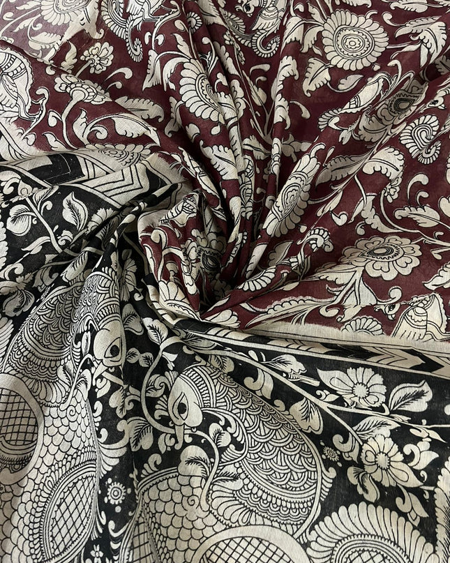 Orange Kalamkari Cotton 3 Piece Suit Material Set | Unstitched Top Bottom Dupatta