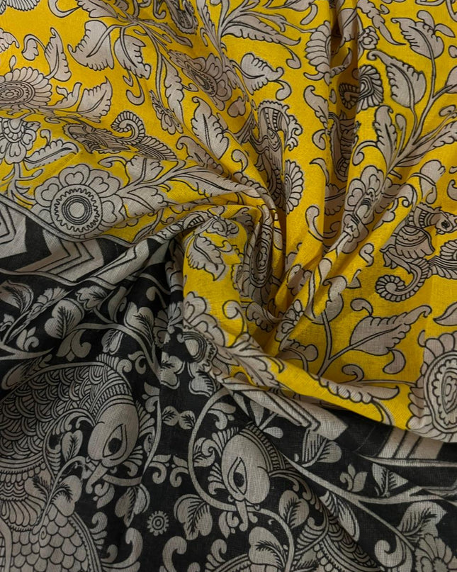 Dark Green Kalamkari Cotton 3 Piece Suit Material Set | Unstitched Top Bottom Dupatta