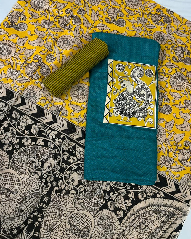 Dark Green Kalamkari Cotton 3 Piece Suit Material Set | Unstitched Top Bottom Dupatta