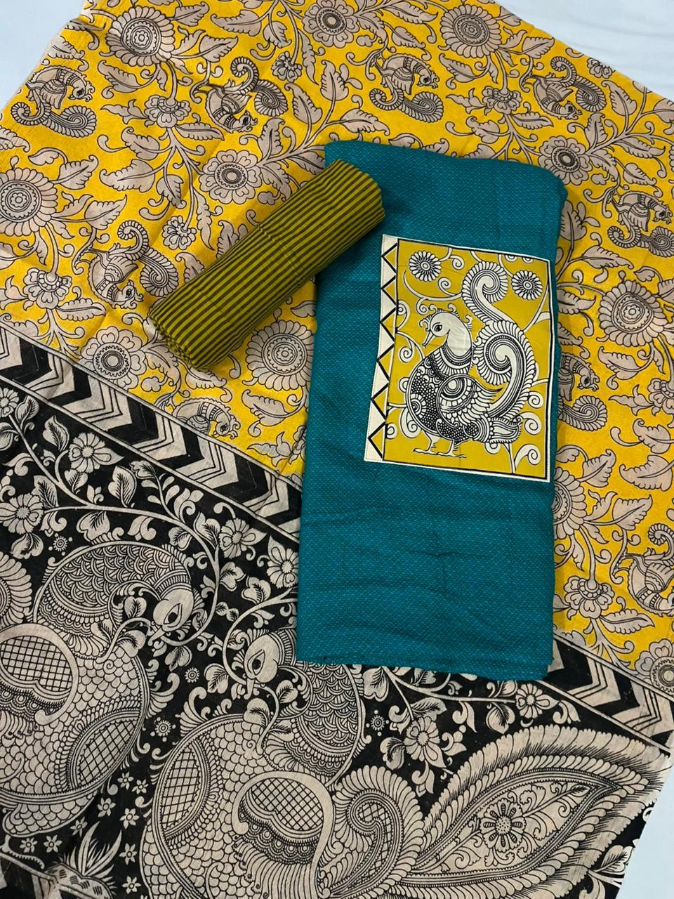Dark Green Kalamkari Cotton 3 Piece Suit Material Set | Unstitched Top Bottom Dupatta