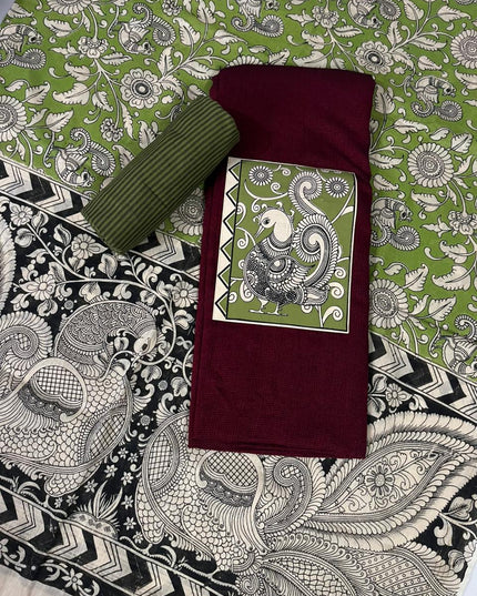 Marron Kalamkari Cotton 3 Piece Suit Material Set | Unstitched Top Bottom Dupatta