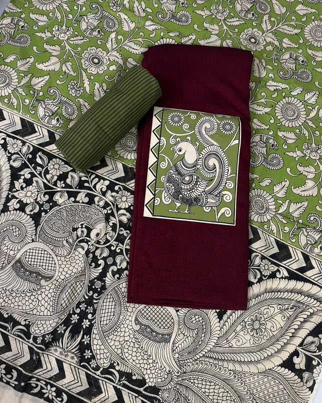 Marron Kalamkari Cotton 3 Piece Suit Material Set | Unstitched Top Bottom Dupatta