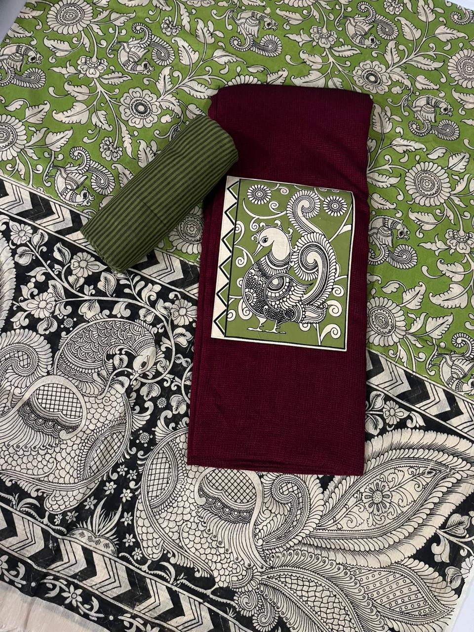 Marron Kalamkari Cotton 3 Piece Suit Material Set | Unstitched Top Bottom Dupatta
