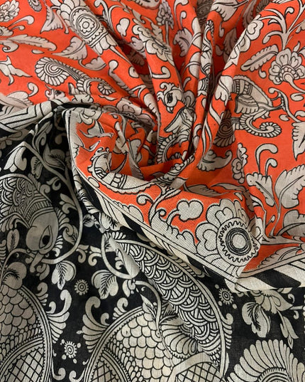 Half White Kalamkari Cotton 3 Piece Suit Material Set | Unstitched Top Bottom Dupatta