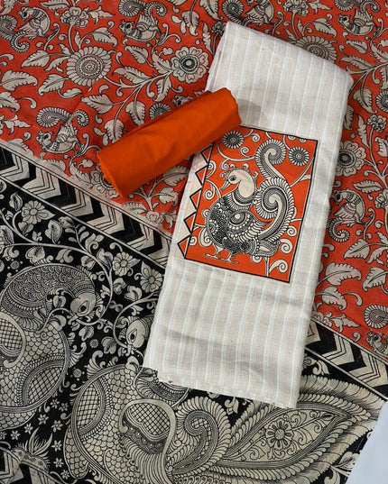 Half White Kalamkari Cotton 3 Piece Suit Material Set | Unstitched Top Bottom Dupatta