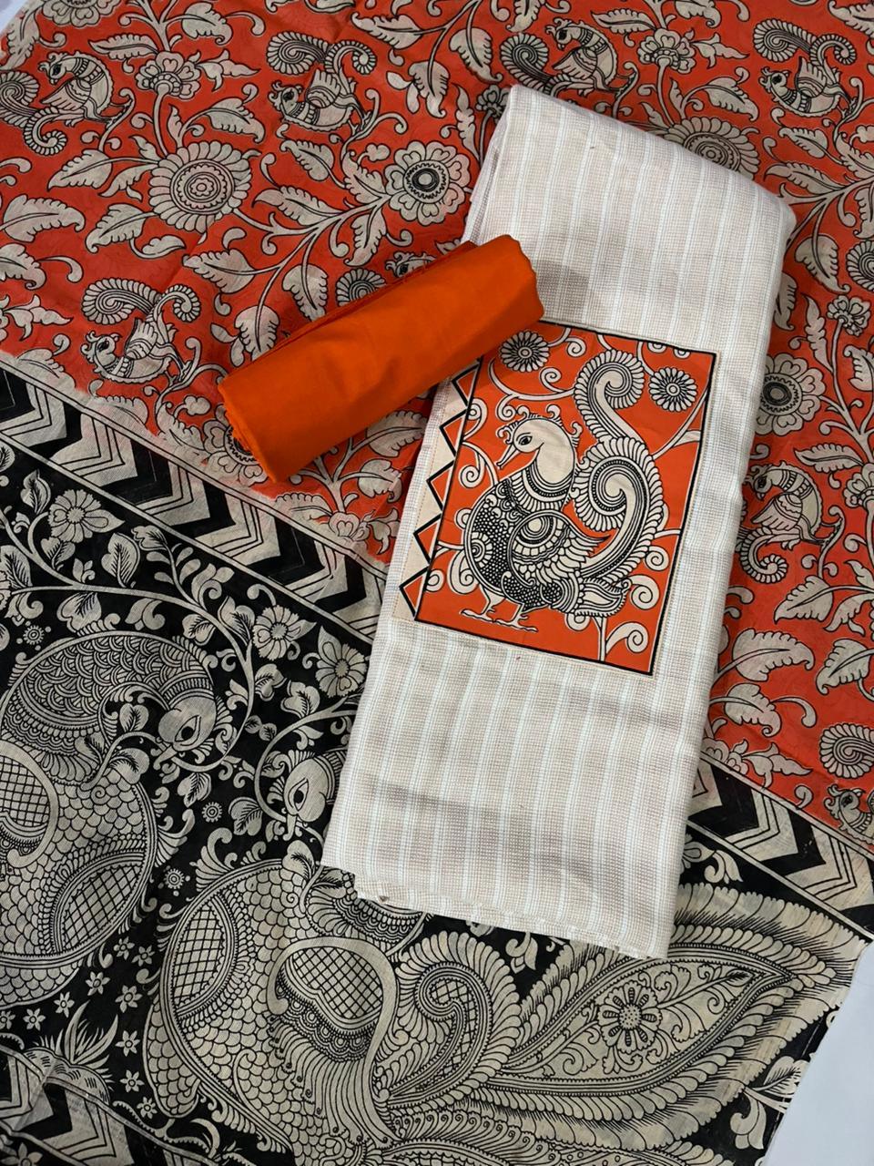 Half White Kalamkari Cotton 3 Piece Suit Material Set | Unstitched Top Bottom Dupatta