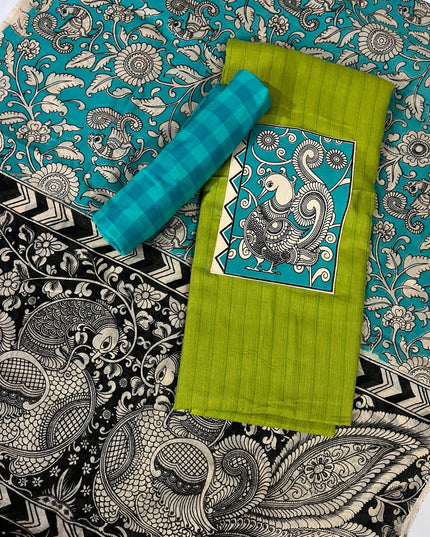 Light Green Kalamkari Cotton 3 Piece Suit Material Set | Unstitched Top Bottom Dupatta