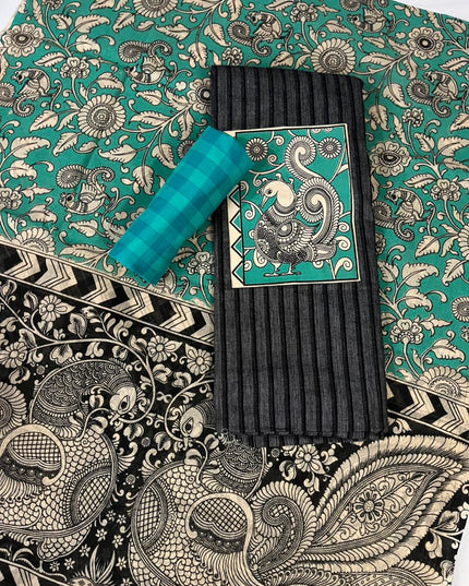 Gray & Black Kalamkari Cotton 3 Piece Suit Material Set | Unstitched Top Bottom Dupatta