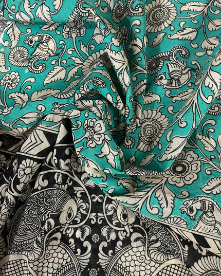 Gray & Black Kalamkari Cotton 3 Piece Suit Material Set | Unstitched Top Bottom Dupatta