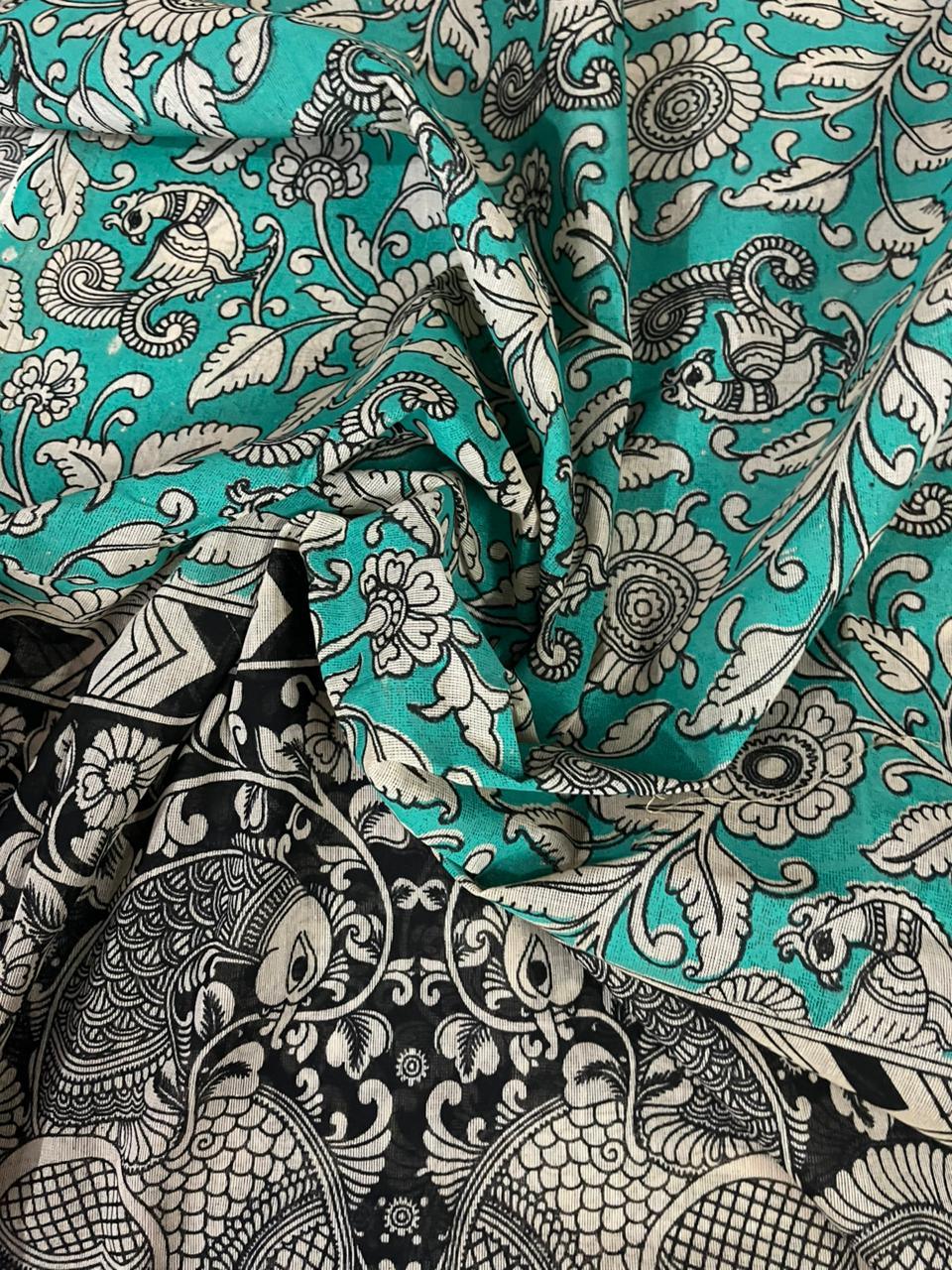 Gray & Black Kalamkari Cotton 3 Piece Suit Material Set | Unstitched Top Bottom Dupatta