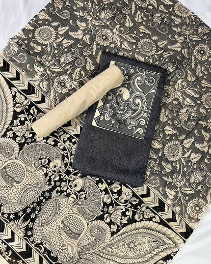 Charcoal Black Kalamkari Cotton 3 Piece Suit Material Set | Unstitched Top Bottom Dupatta