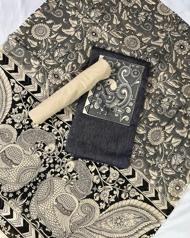 Charcoal Black Kalamkari Cotton 3 Piece Suit Material Set | Unstitched Top Bottom Dupatta