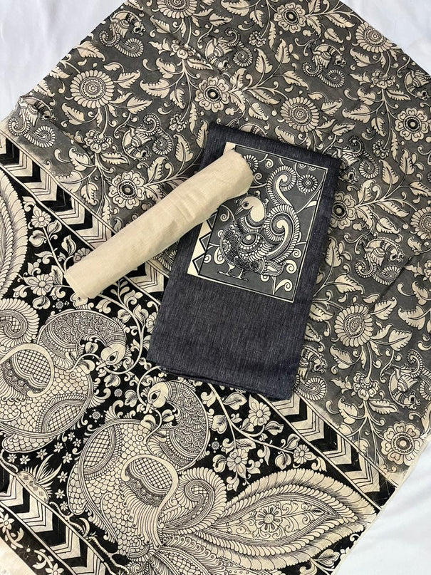 Charcoal Black Kalamkari Cotton 3 Piece Suit Material Set | Unstitched Top Bottom Dupatta