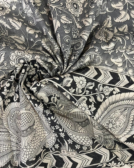 Charcoal Black Kalamkari Cotton 3 Piece Suit Material Set | Unstitched Top Bottom Dupatta