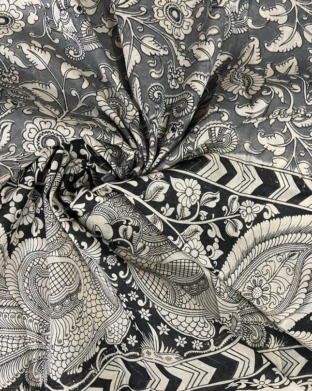Charcoal Black Kalamkari Cotton 3 Piece Suit Material Set | Unstitched Top Bottom Dupatta